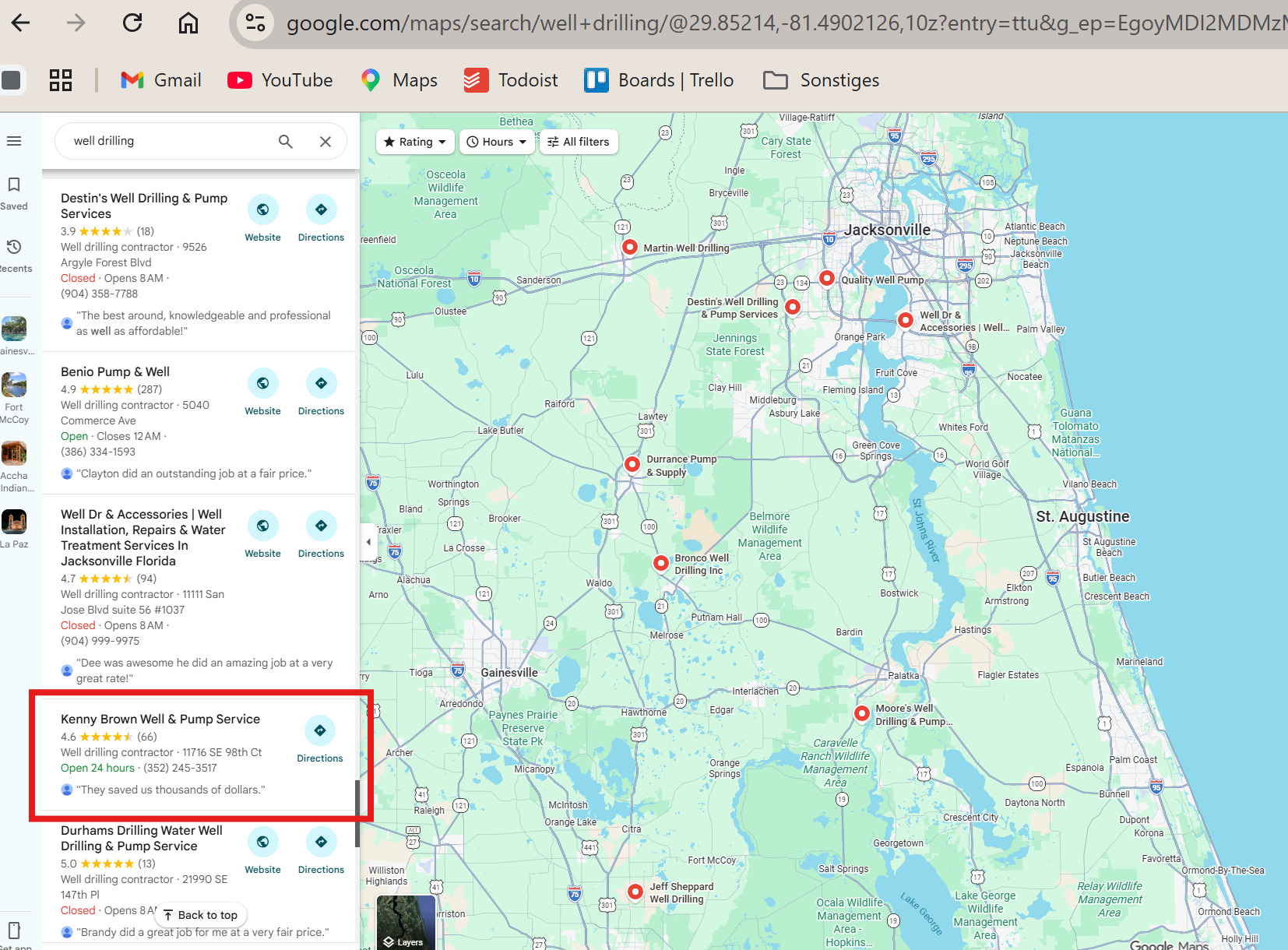 Google Maps search for well drilling, business buried at position 4, below three competitors