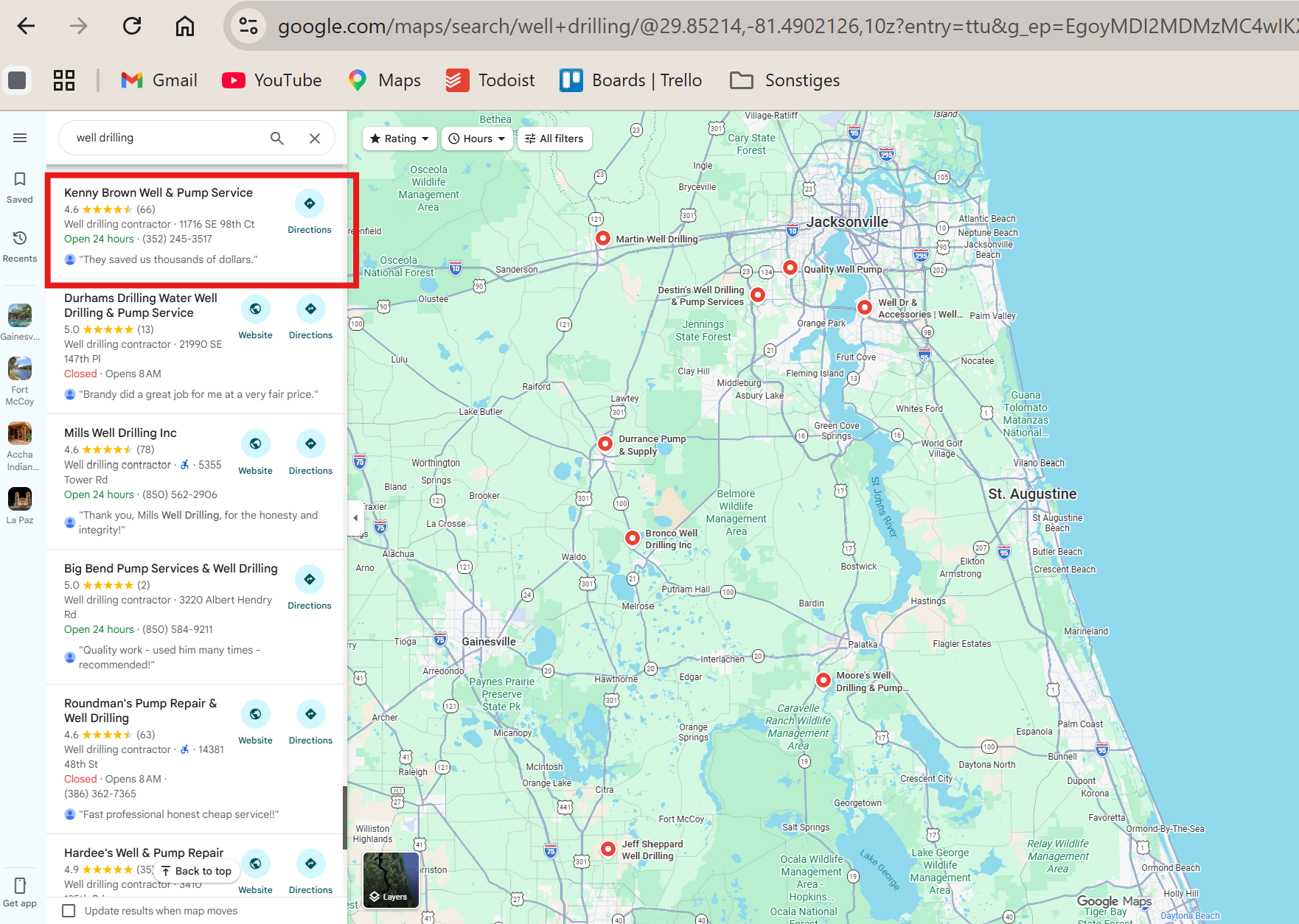 Google Maps search for well drilling, same business now ranking #1 at the top